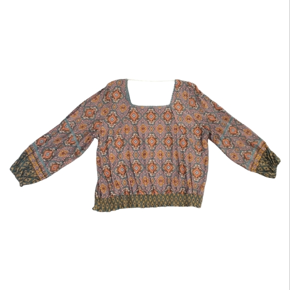 Democracy Bohemian Long Blouson Sleeve Smocked Hem Top Cottagecore - Picture 10 of 11